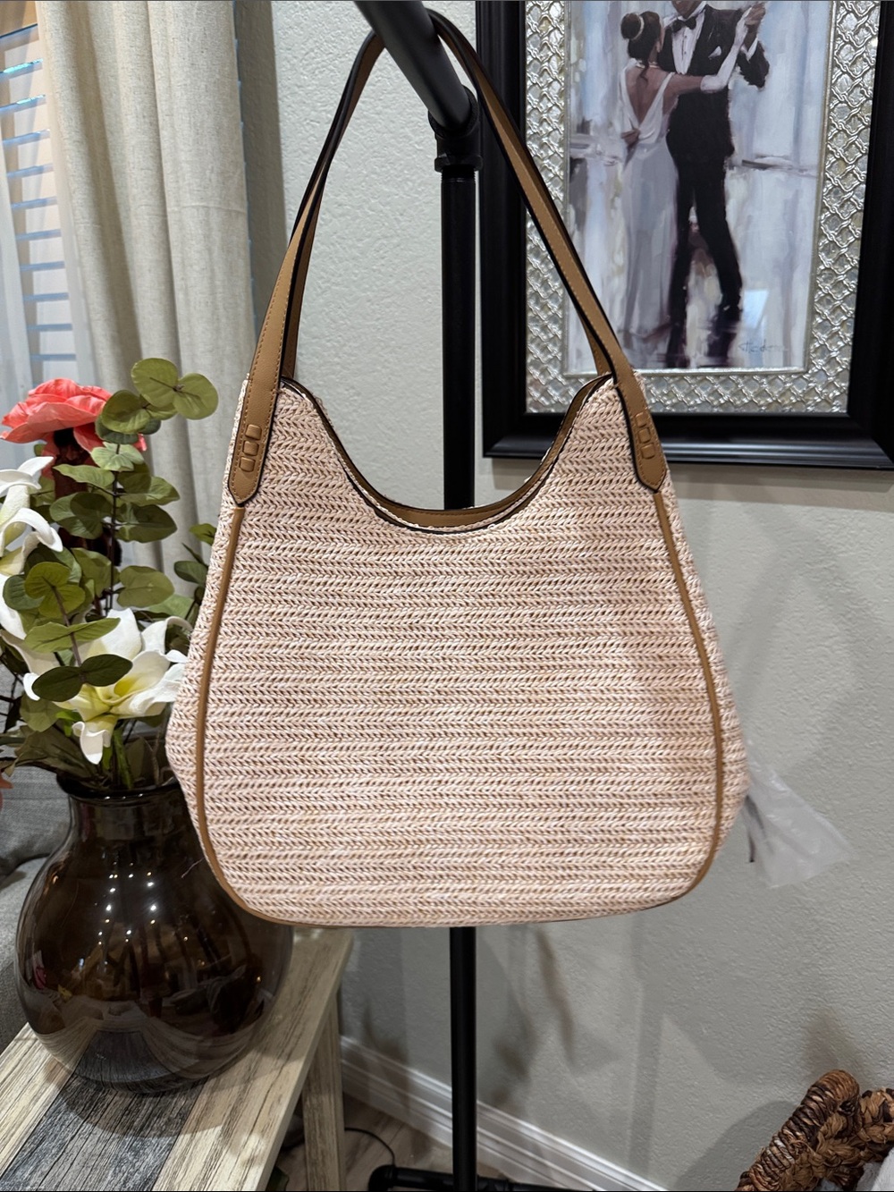 Style & Co. Woven Shoulder Bag in Light Pink inside with Tan Trim and outside